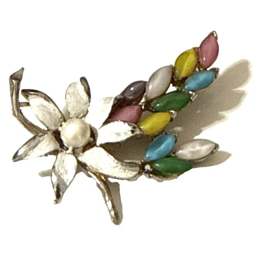 Vintage Floral Brooch Purple Pink Blue Yellow Cabochon White Enamel Pin 2.5
